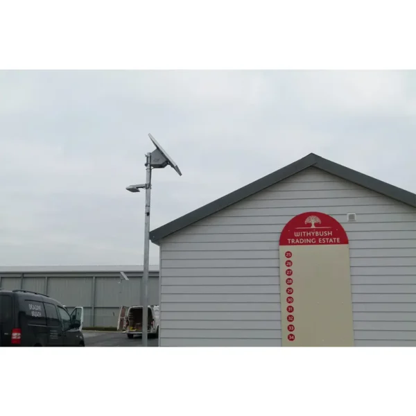 Parking lot solar powered lighting system work in sleep mode, off until required. Then on for 5 minute at 100%