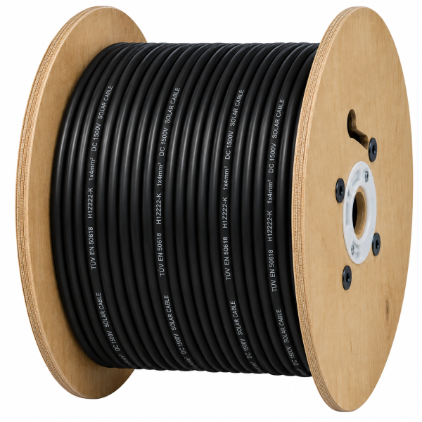 4mm solar cable coil 100m length 4m solar solar cable in 100m coils, for long PV runs across roofs and large installations where single lengths are required.