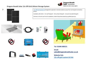 12v off-grid DIY kit to include all parts needed to compete installation, panels, fixings, cables, switches, fuses, battery, inverter.